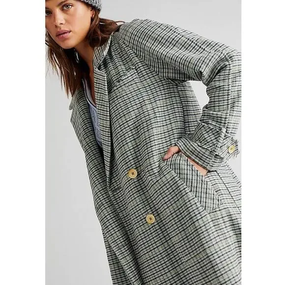 New Free People WE THE FREE Liberty Duster Plaid Jacket $298 X-SMALL Light Blue